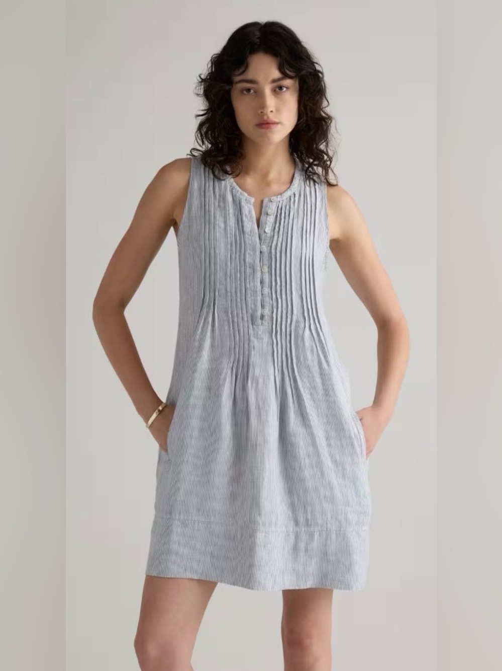 Quince 100% European Linen Sleeveless Swing Dress XS Blue Pinstripe NWT